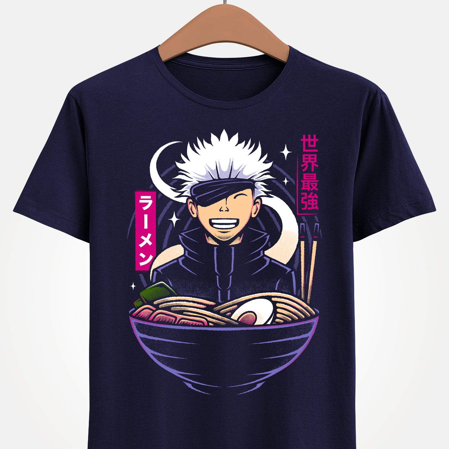 Satoru Gojo Jujutsu Kaisen ramen t-shirt featuring the strongest sorcerer inside a Japanese noodle bowl in anime foodie streetwear style.