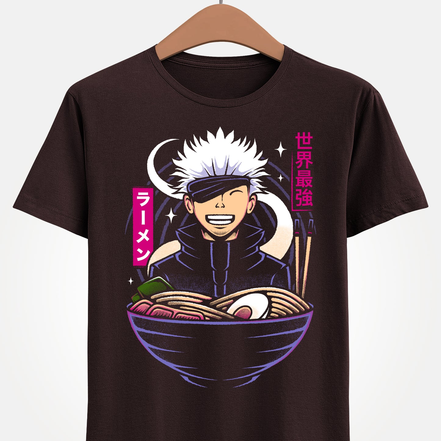 Satoru Gojo Jujutsu Kaisen ramen t-shirt featuring the strongest sorcerer inside a Japanese noodle bowl in anime foodie streetwear style.