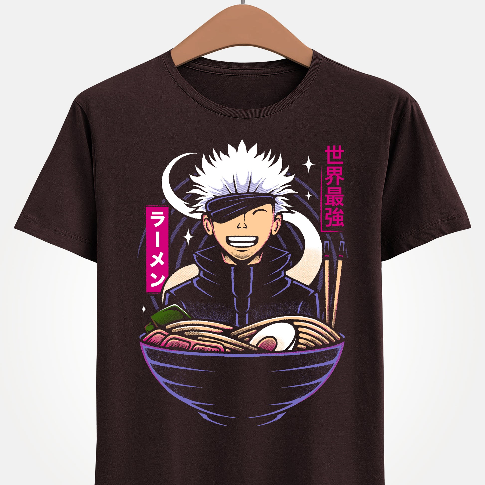 Satoru Gojo Jujutsu Kaisen ramen t-shirt featuring the strongest sorcerer inside a Japanese noodle bowl in anime foodie streetwear style.