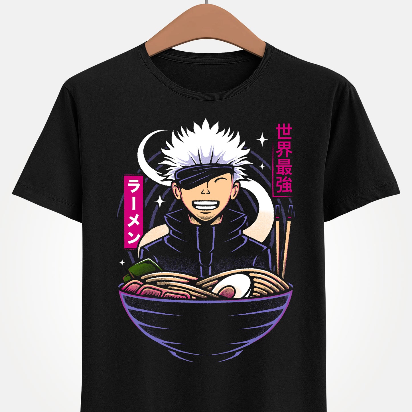 Satoru Gojo Jujutsu Kaisen ramen t-shirt featuring the strongest sorcerer inside a Japanese noodle bowl in anime foodie streetwear style.