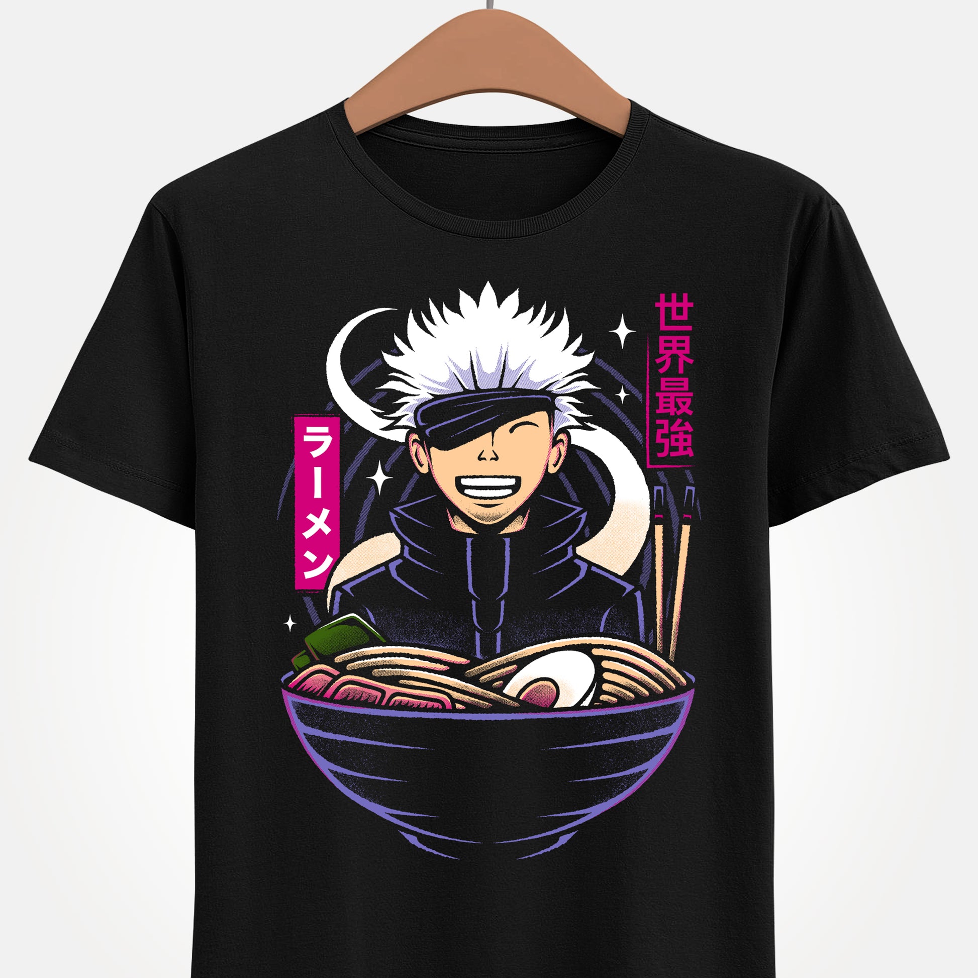 Satoru Gojo Jujutsu Kaisen ramen t-shirt featuring the strongest sorcerer inside a Japanese noodle bowl in anime foodie streetwear style.