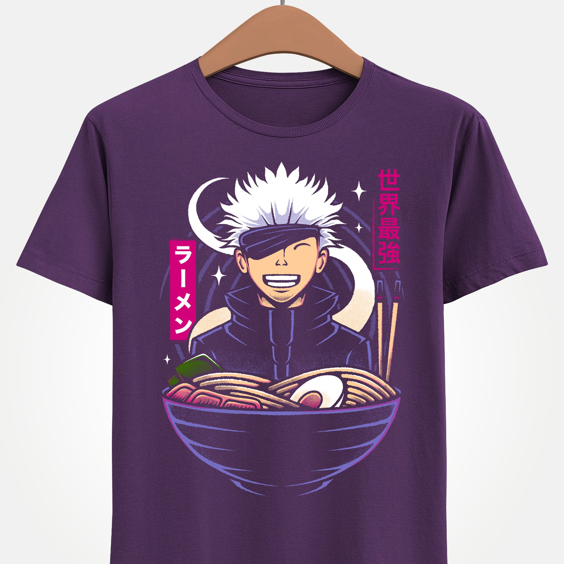 Satoru Gojo Jujutsu Kaisen ramen t-shirt featuring the strongest sorcerer inside a Japanese noodle bowl in anime foodie streetwear style.