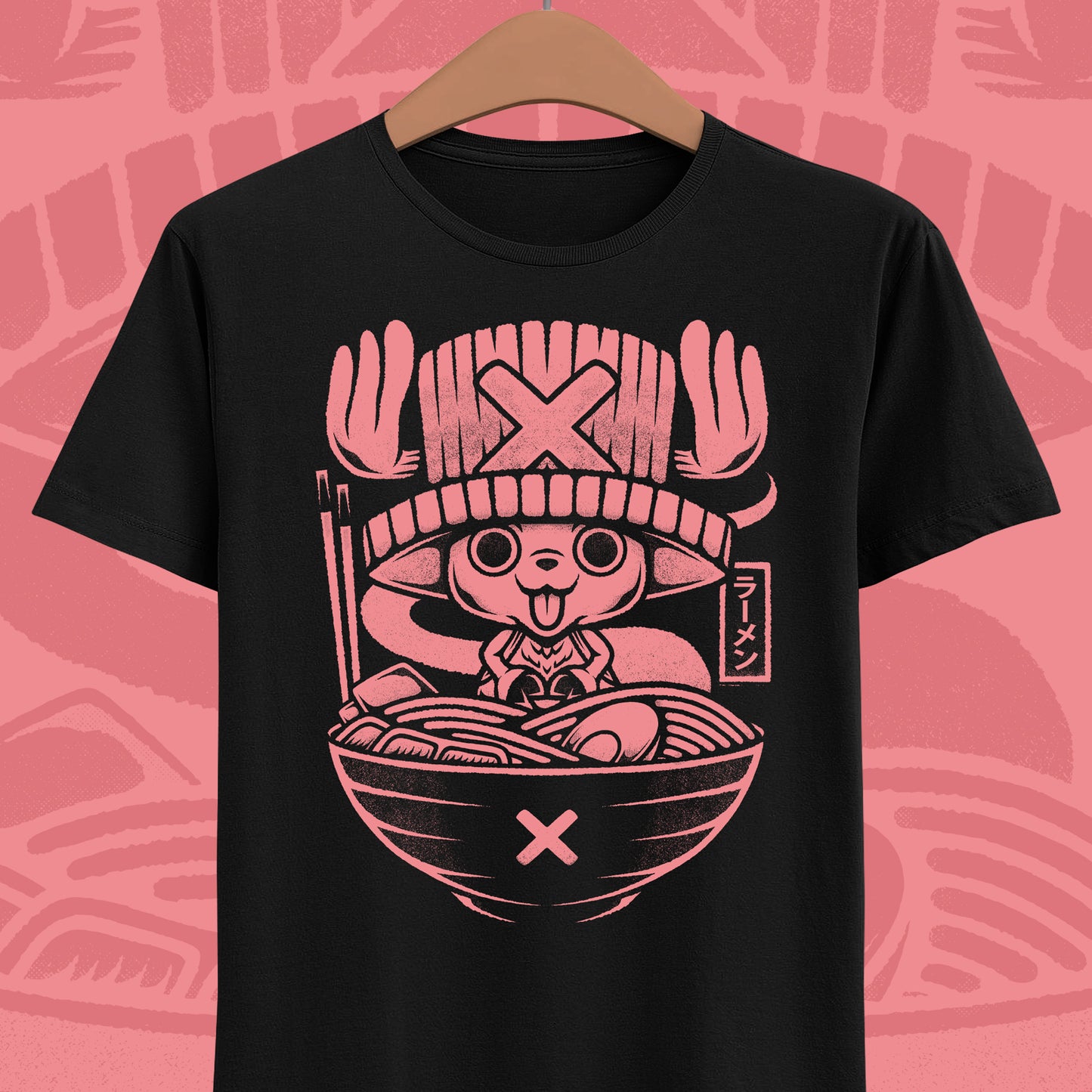 Tony Tony Chopper One Piece ramen t-shirt featuring the Straw Hat pirate doctor inside a Japanese noodle bowl in kawaii foodie anime style.