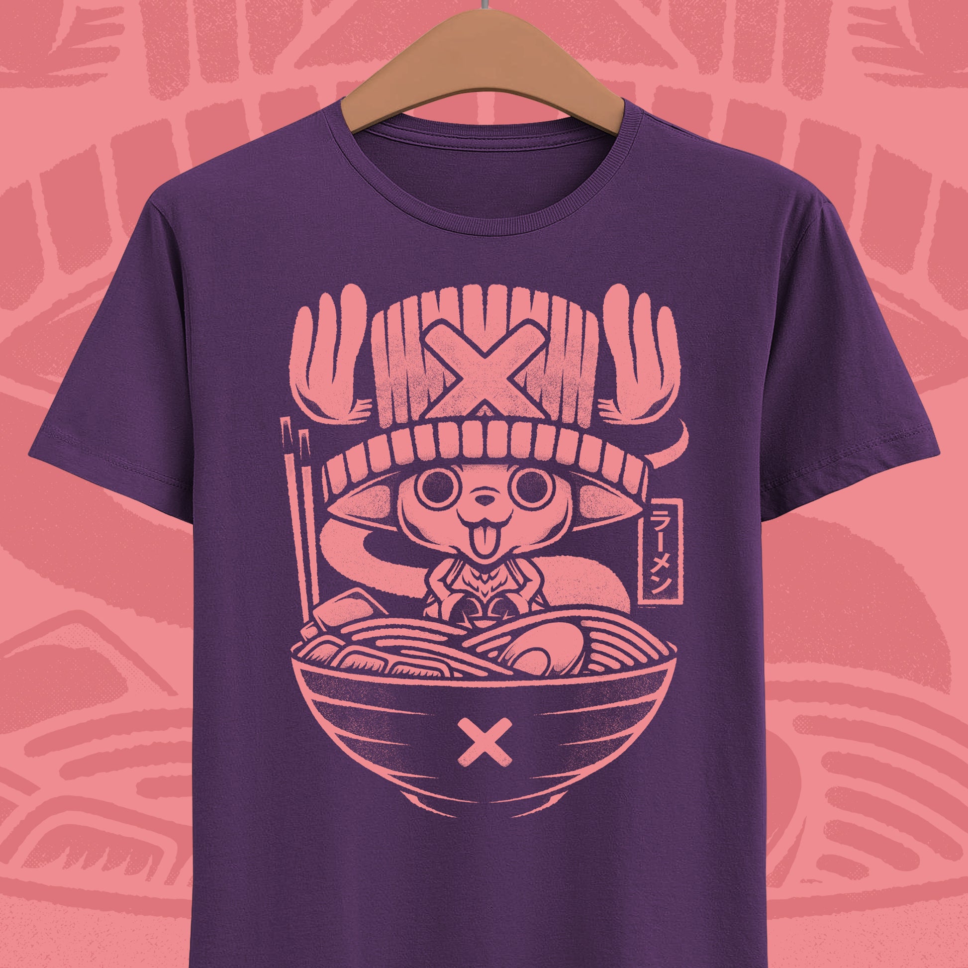 Tony Tony Chopper One Piece ramen t-shirt featuring the Straw Hat pirate doctor inside a Japanese noodle bowl in kawaii foodie anime style.