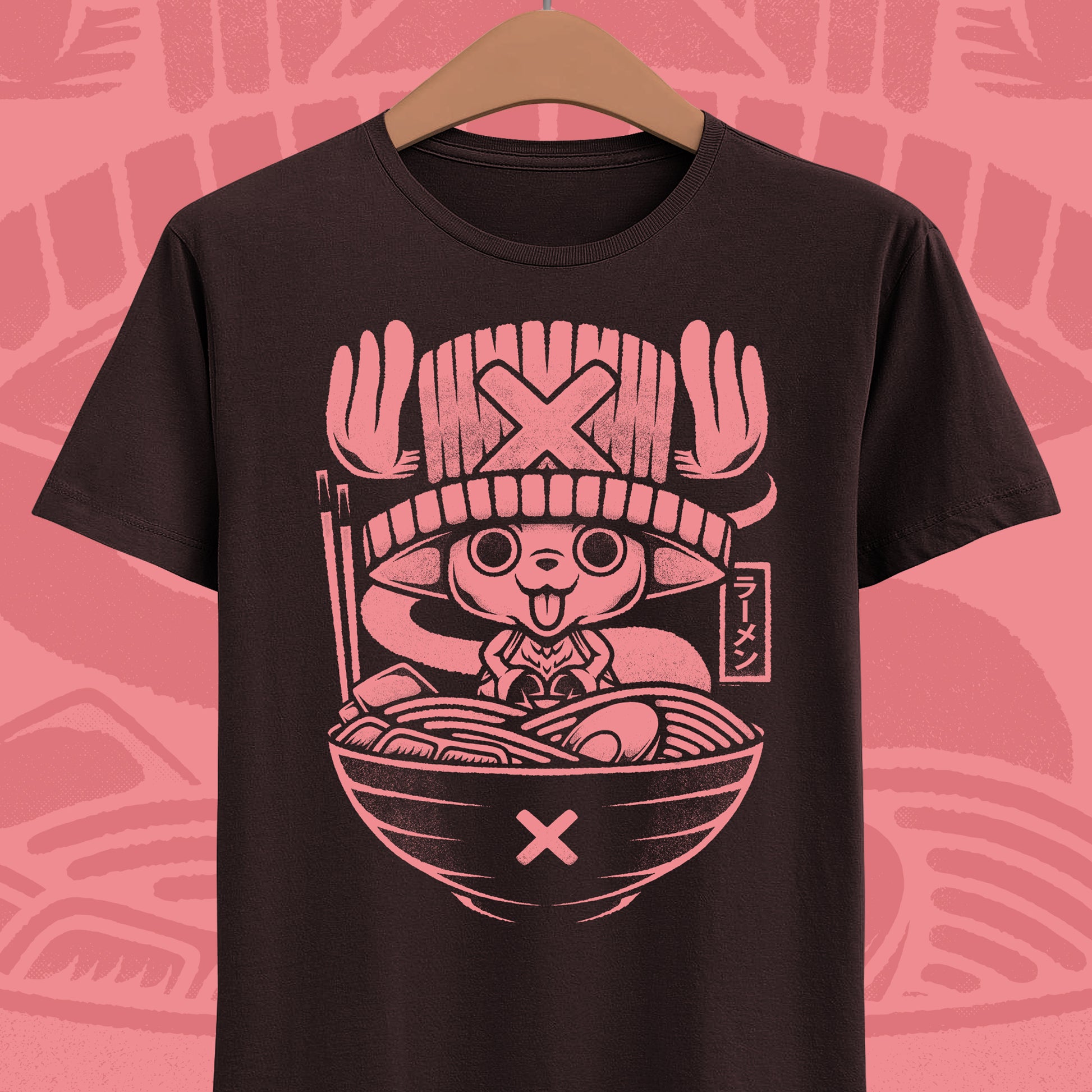 Tony Tony Chopper One Piece ramen t-shirt featuring the Straw Hat pirate doctor inside a Japanese noodle bowl in kawaii foodie anime style.