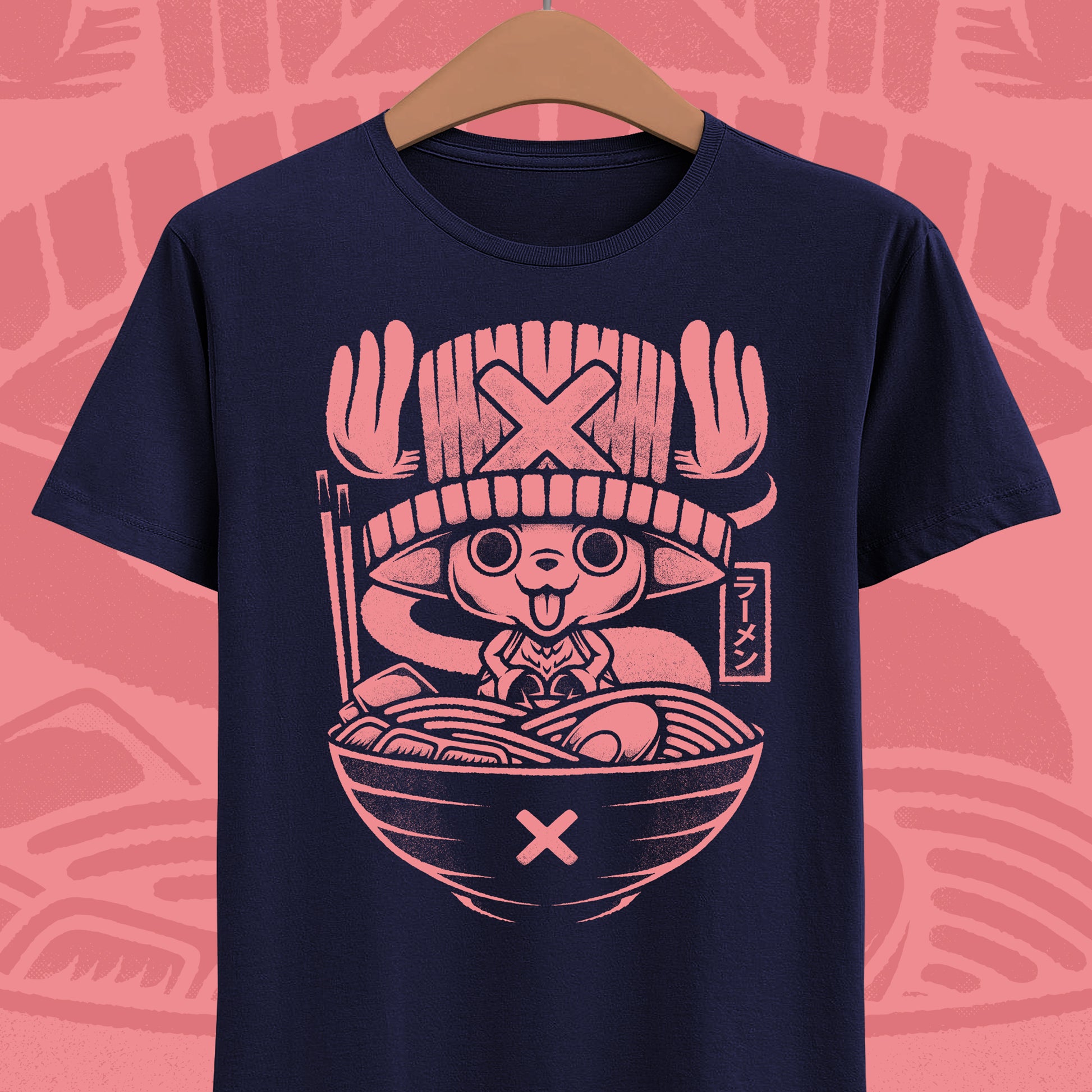 Tony Tony Chopper One Piece ramen t-shirt featuring the Straw Hat pirate doctor inside a Japanese noodle bowl in kawaii foodie anime style.